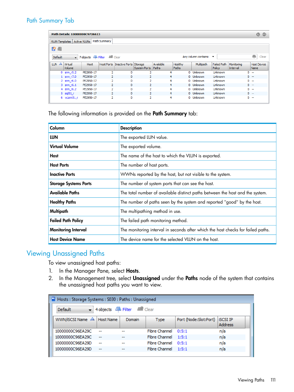 Path summary tab, Viewing unassigned paths | HP 3PAR Operating System Software User Manual | Page 111 / 526