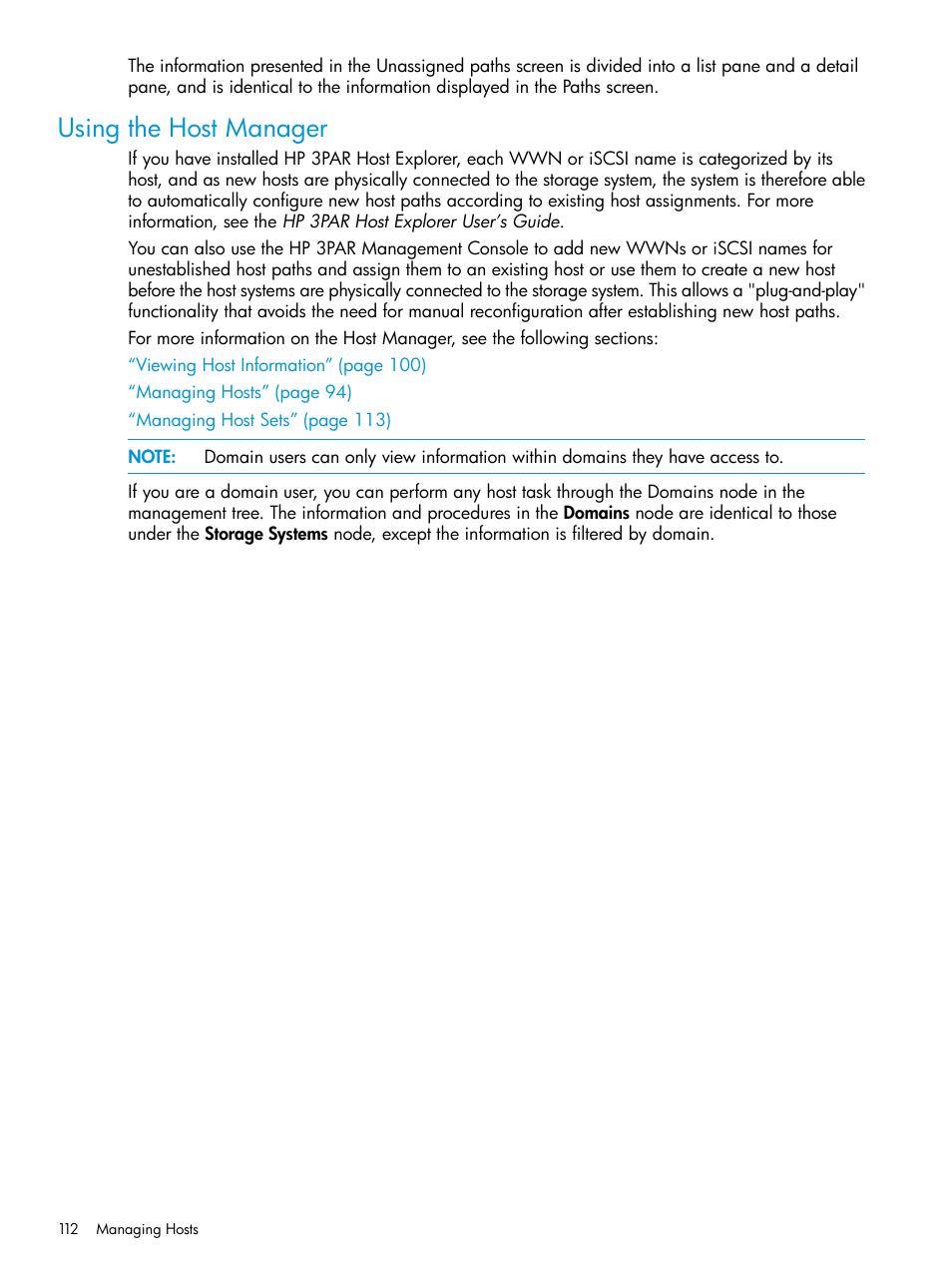 Using the host manager | HP 3PAR Operating System Software User Manual | Page 112 / 526