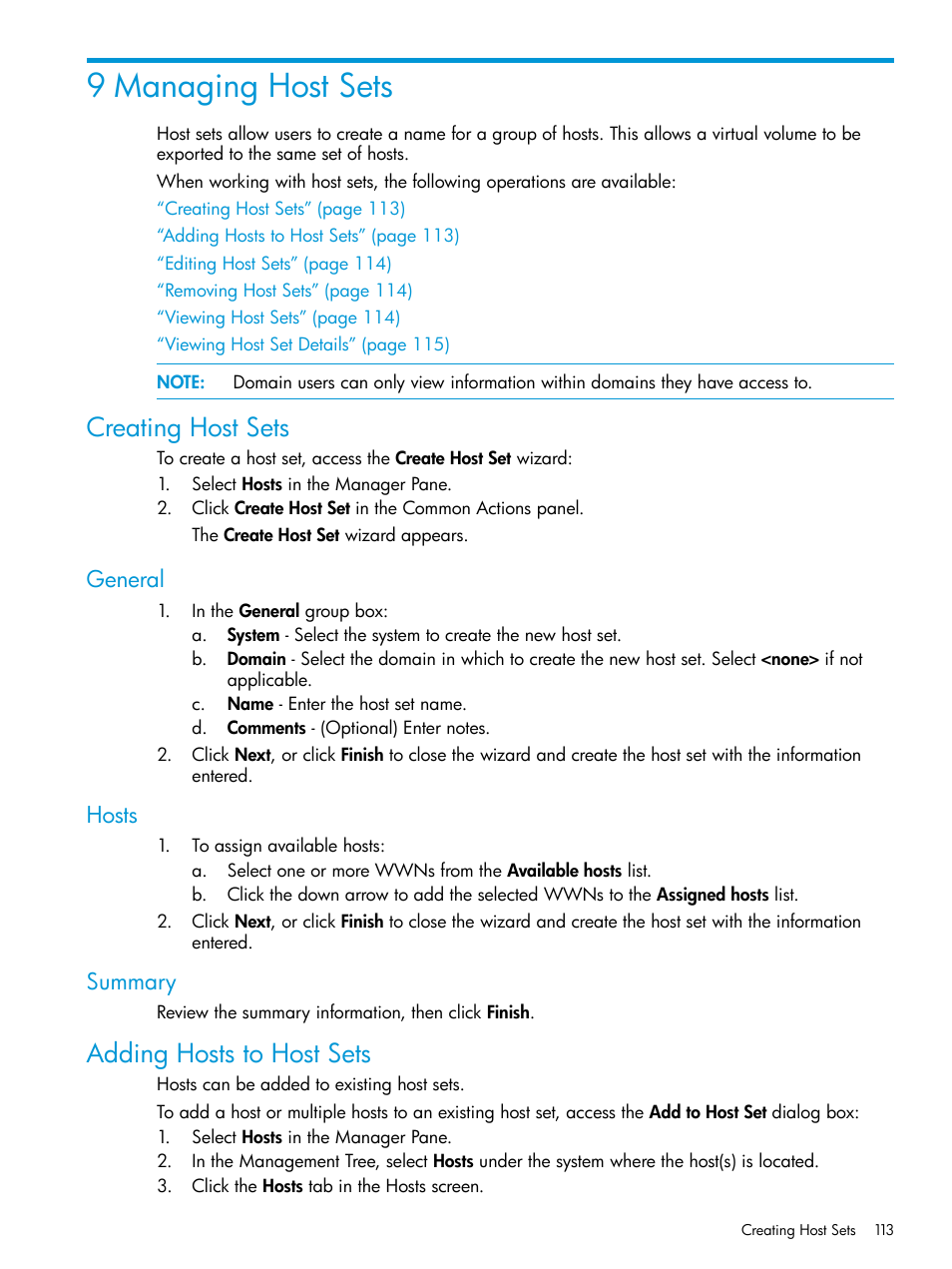 9 managing host sets, Creating host sets, General | Hosts, Summary, Adding hosts to host sets, General hosts summary | HP 3PAR Operating System Software User Manual | Page 113 / 526