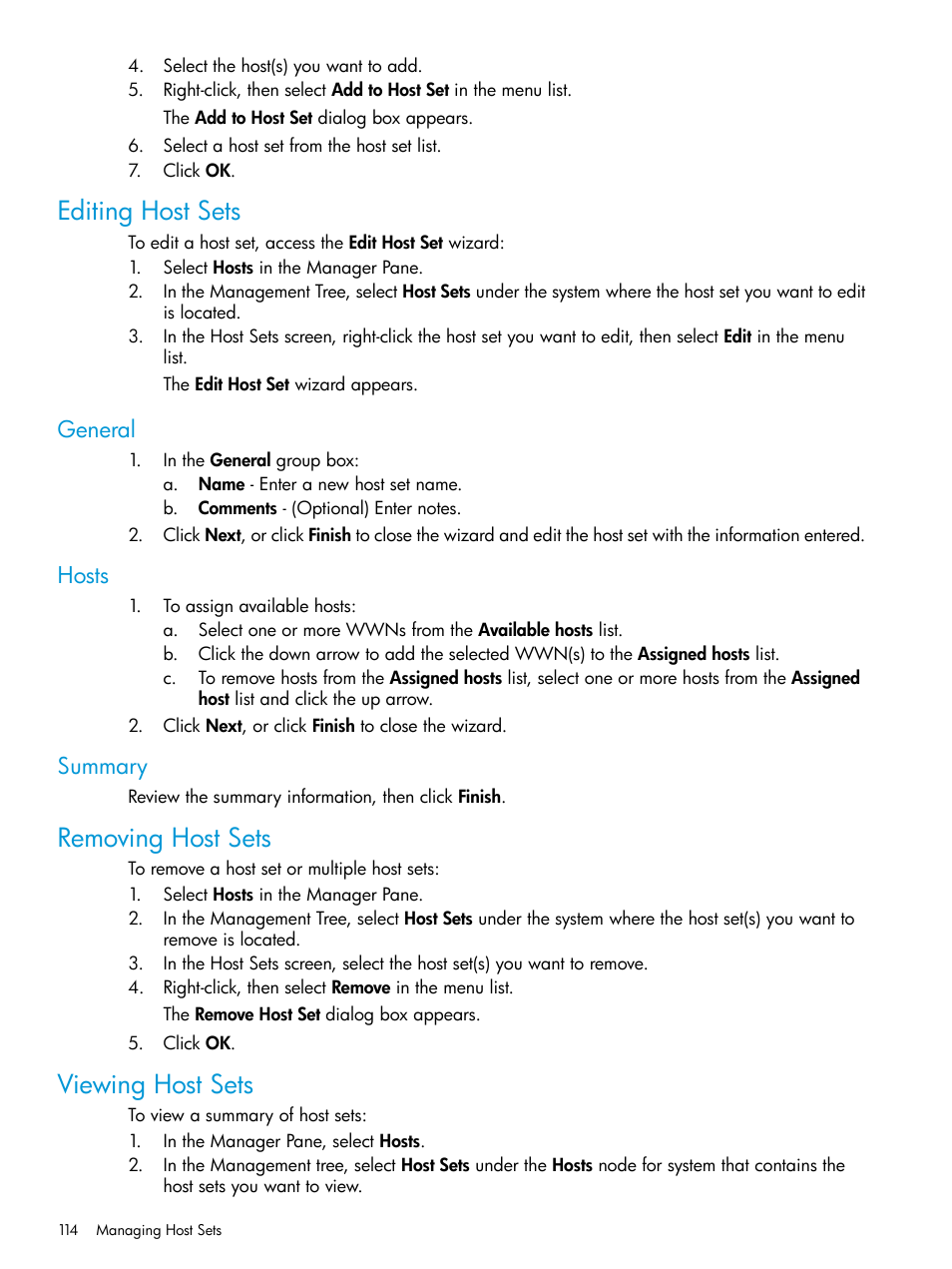 Editing host sets, General, Hosts | Summary, Removing host sets, Viewing host sets, General hosts summary, Removing host sets viewing host sets | HP 3PAR Operating System Software User Manual | Page 114 / 526