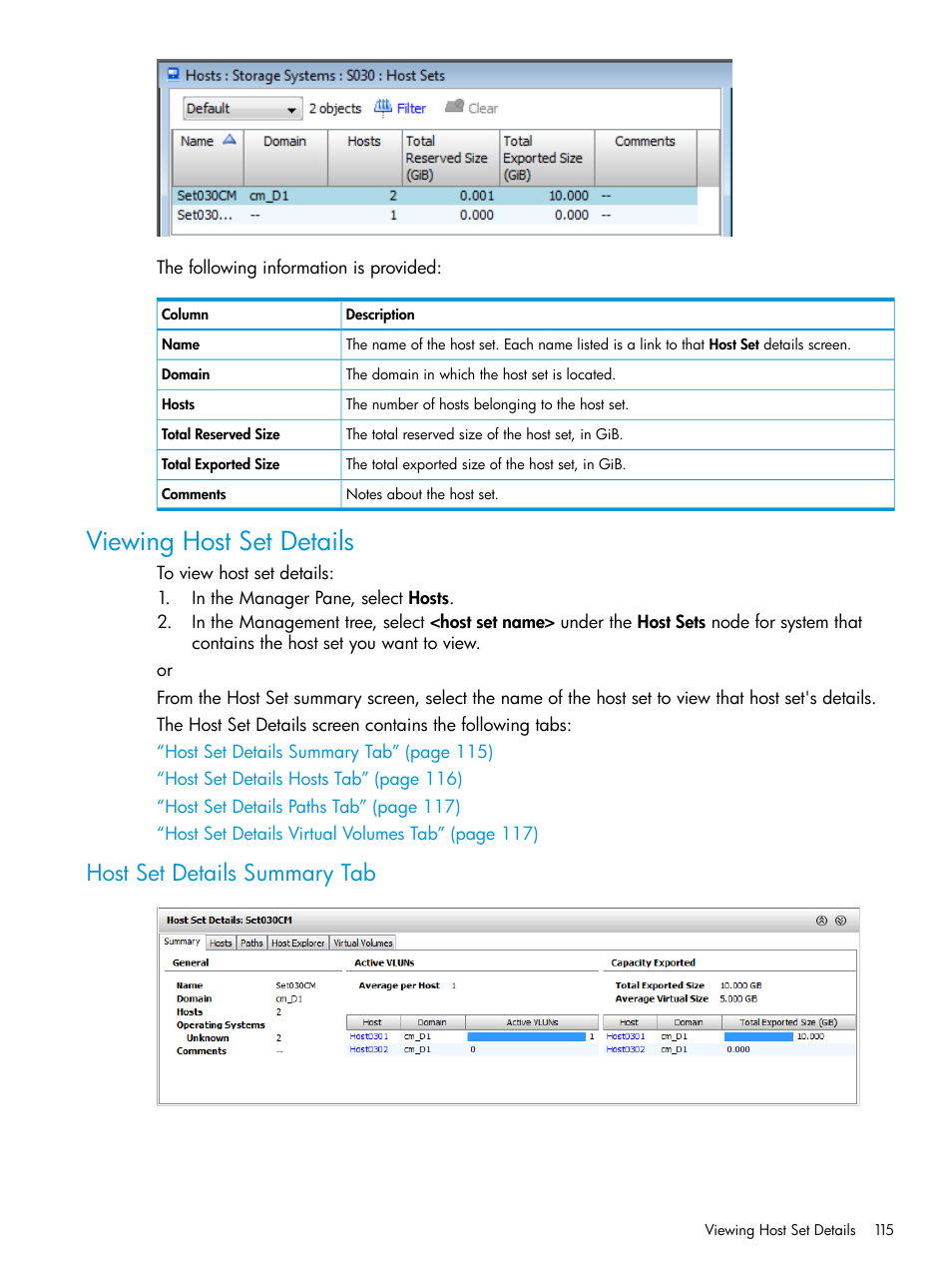 Viewing host set details, Host set details summary tab | HP 3PAR Operating System Software User Manual | Page 115 / 526