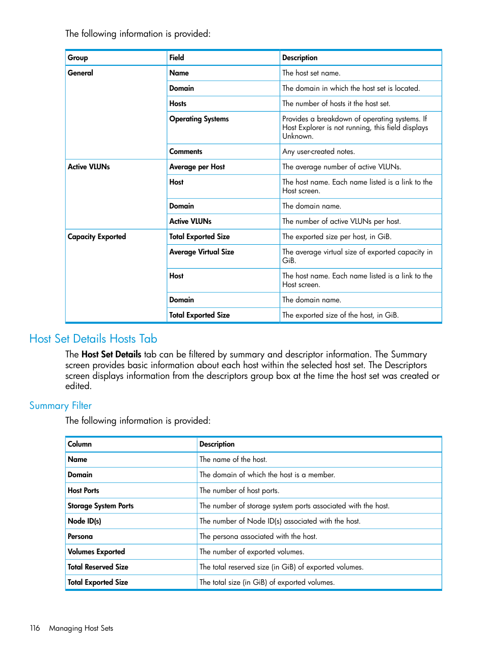 Host set details hosts tab, Summary filter | HP 3PAR Operating System Software User Manual | Page 116 / 526