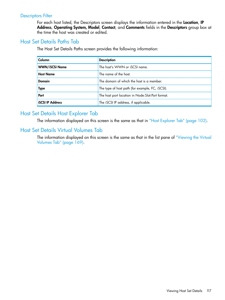 Descriptors filter, Host set details paths tab, Host set details host explorer tab | Host set details virtual volumes tab | HP 3PAR Operating System Software User Manual | Page 117 / 526