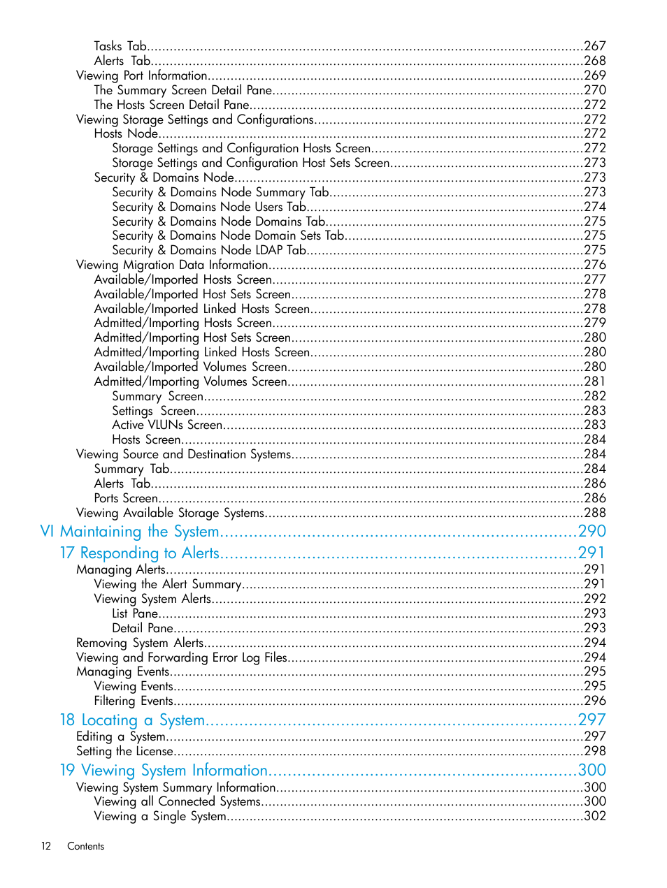 Vi maintaining the system 17 responding to alerts, 18 l ocating a system, 19 viewing system information | HP 3PAR Operating System Software User Manual | Page 12 / 526