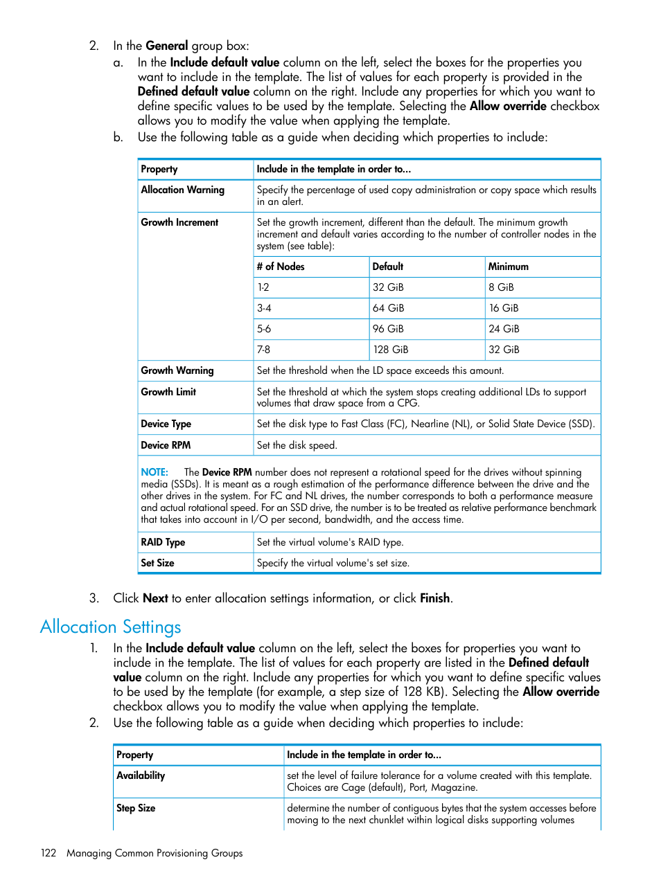 Allocation settings | HP 3PAR Operating System Software User Manual | Page 122 / 526