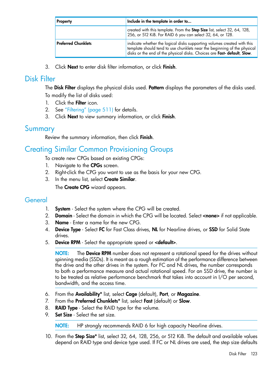 Disk filter, Summary, Creating similar common provisioning groups | General | HP 3PAR Operating System Software User Manual | Page 123 / 526