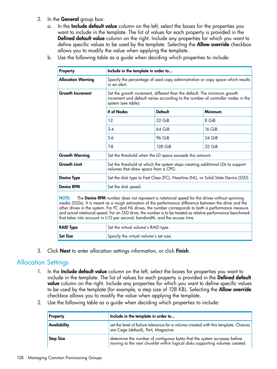 Allocation settings | HP 3PAR Operating System Software User Manual | Page 128 / 526