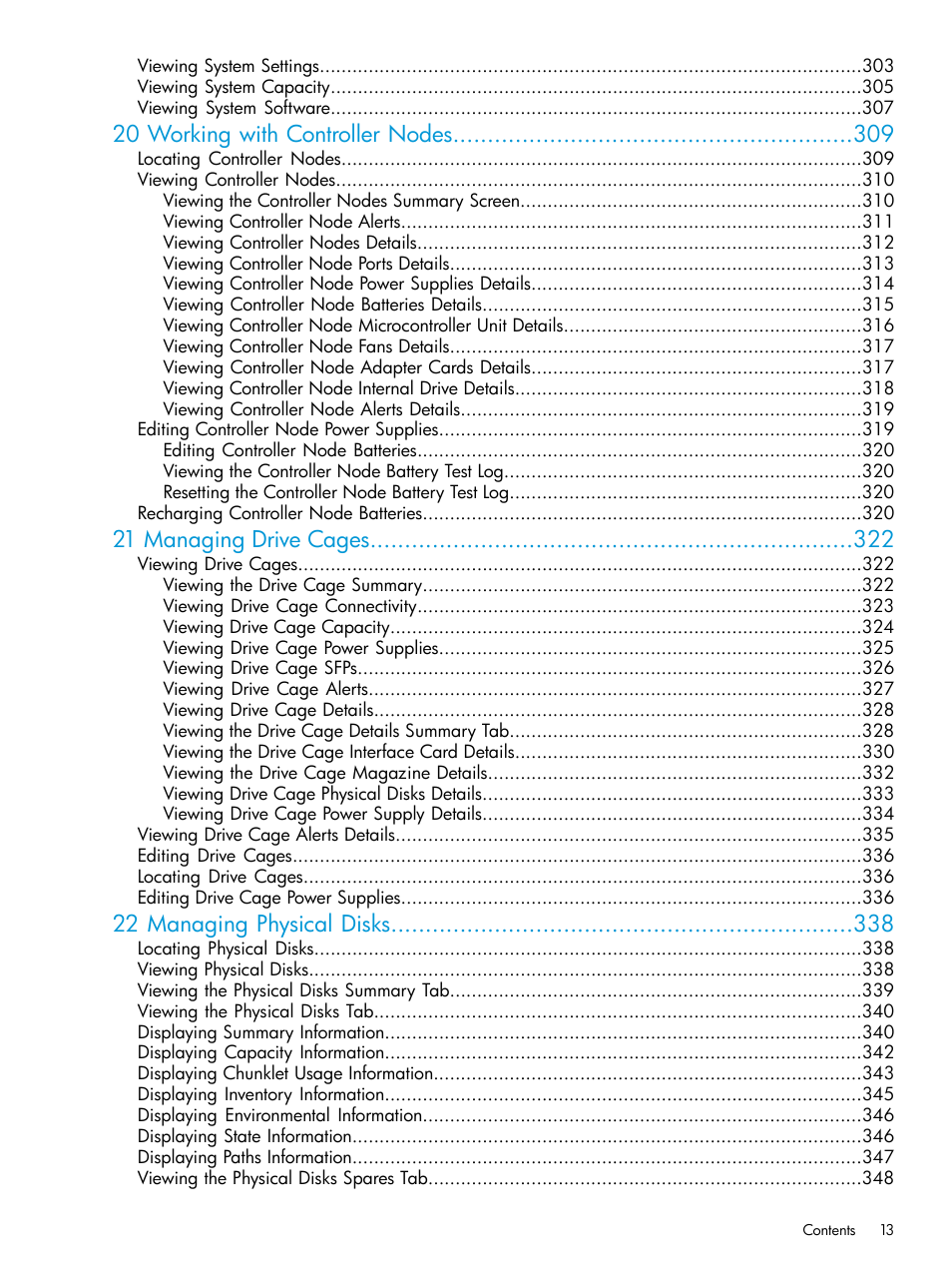 20 working with controller nodes, 21 managing drive cages, 22 managing physical disks | HP 3PAR Operating System Software User Manual | Page 13 / 526