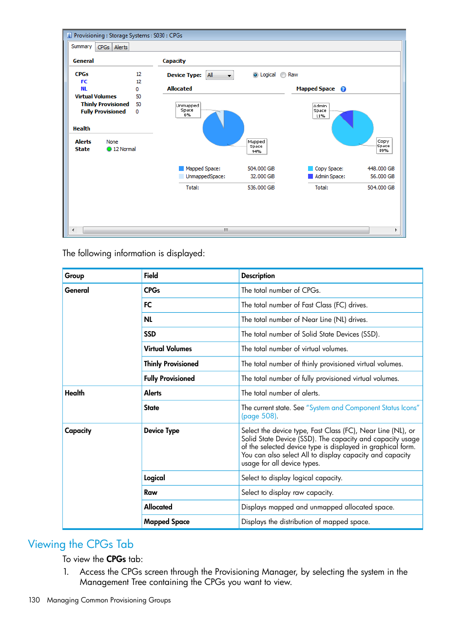 Viewing the cpgs tab | HP 3PAR Operating System Software User Manual | Page 130 / 526