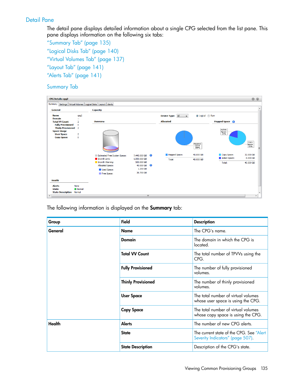 Detail pane, Summary tab | HP 3PAR Operating System Software User Manual | Page 135 / 526