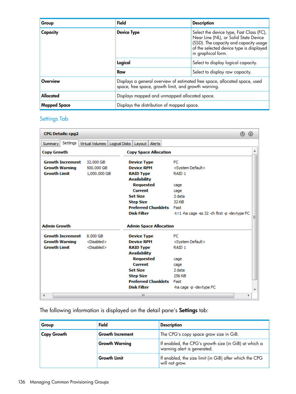 Settings tab | HP 3PAR Operating System Software User Manual | Page 136 / 526