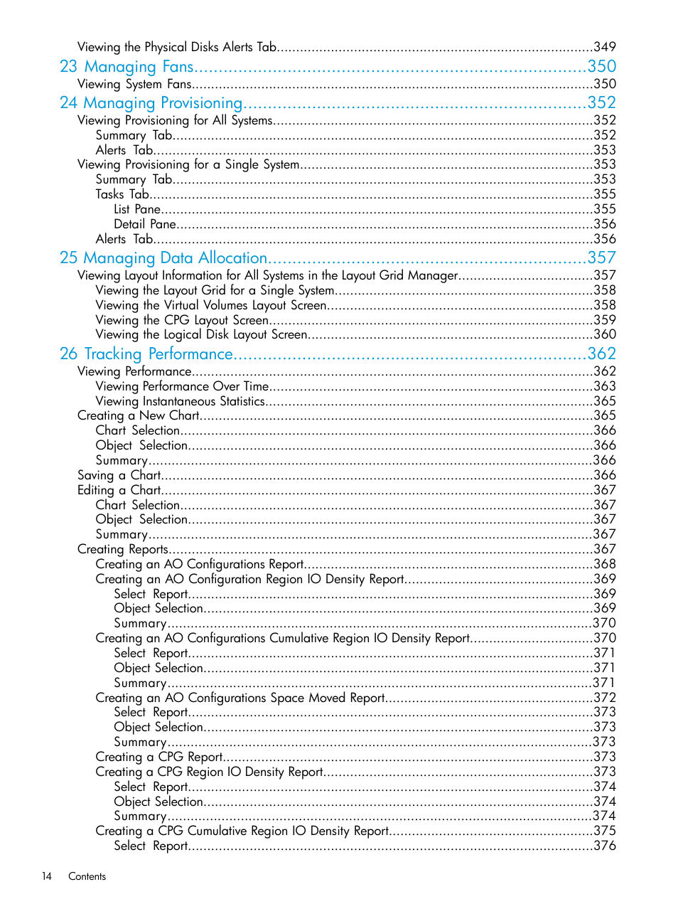 23 managing fans, 24 managing provisioning, 25 managing data allocation | 26 tracking performance | HP 3PAR Operating System Software User Manual | Page 14 / 526