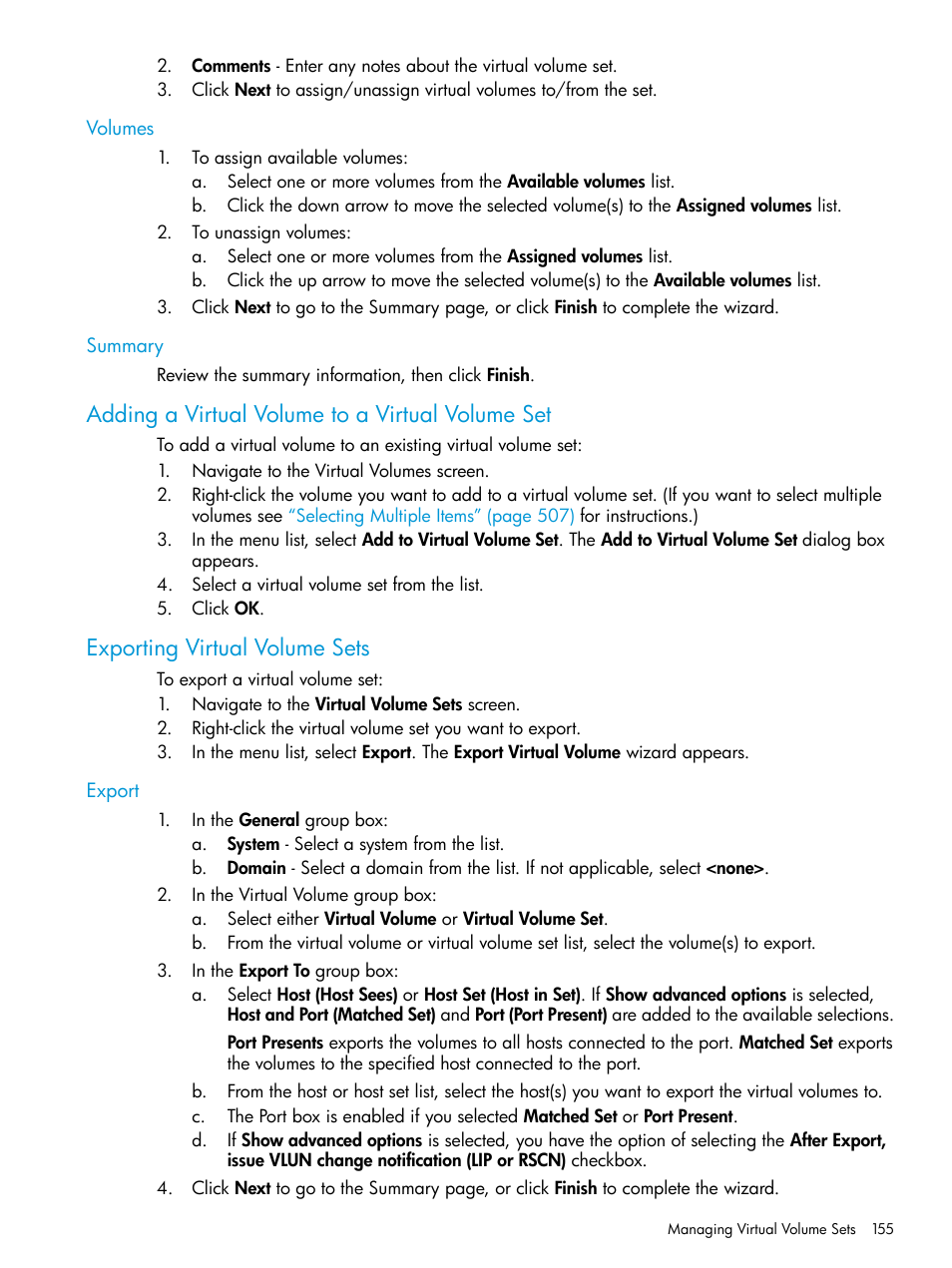 Volumes, Summary, Adding a virtual volume to a virtual volume set | Exporting virtual volume sets, Export, Volumes summary | HP 3PAR Operating System Software User Manual | Page 155 / 526