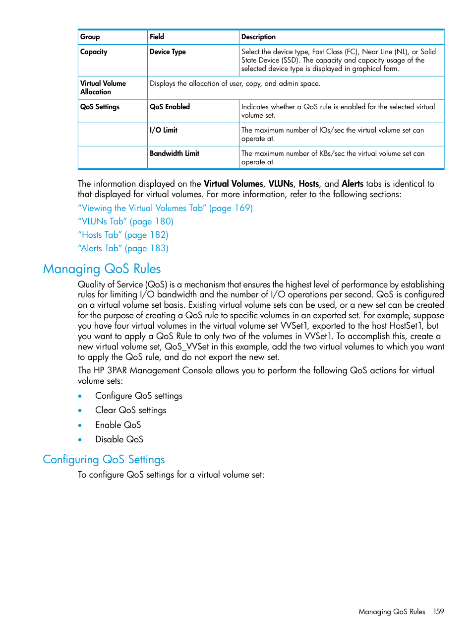 Managing qos rules, Configuring qos settings | HP 3PAR Operating System Software User Manual | Page 159 / 526