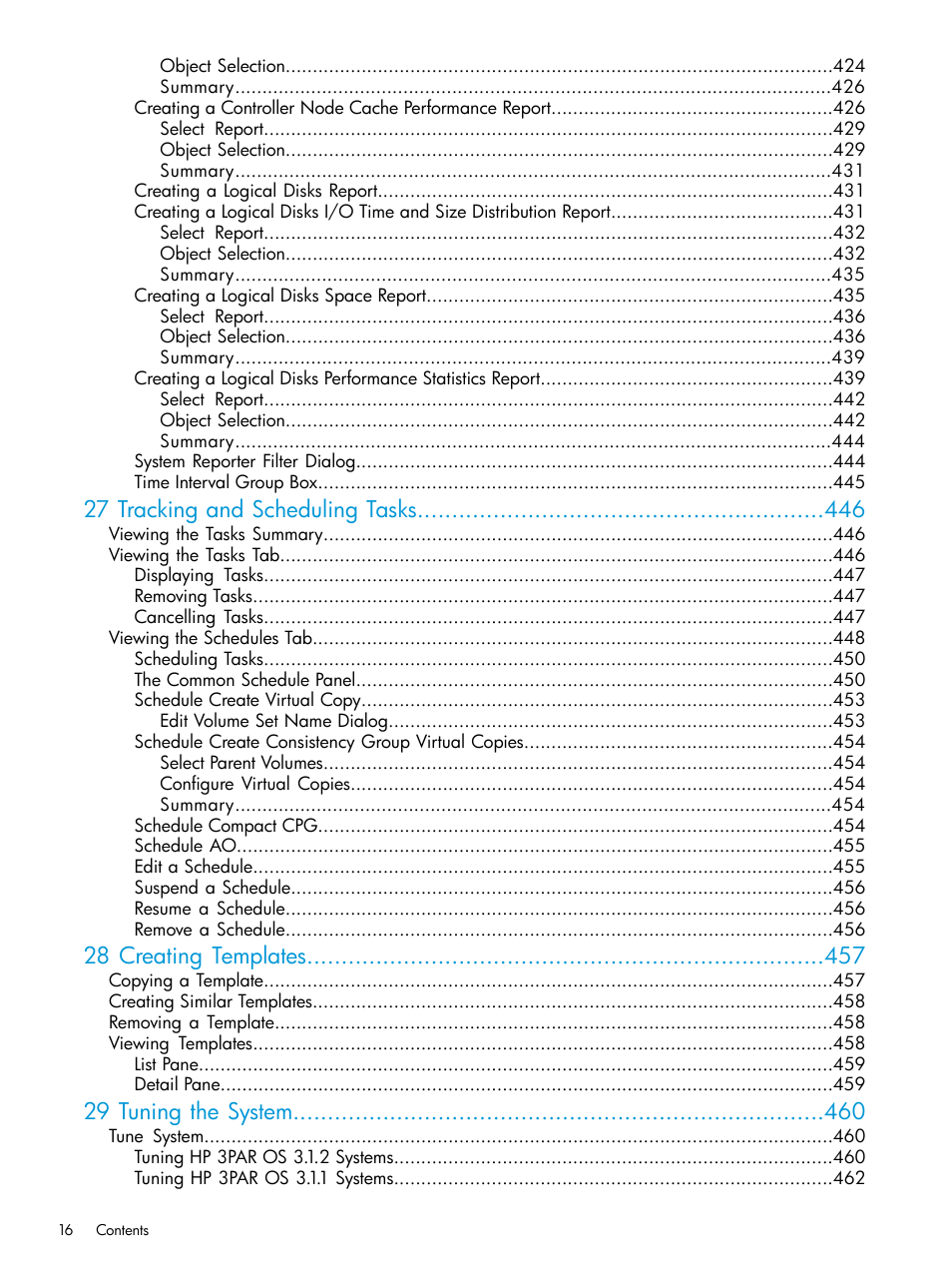 27 tracking and scheduling tasks, 28 creating templates, 29 tuning the system | HP 3PAR Operating System Software User Manual | Page 16 / 526