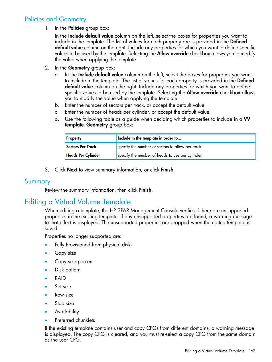 Policies and geometry, Summary, Editing a virtual volume template | Policies and geometry summary | HP 3PAR Operating System Software User Manual | Page 163 / 526