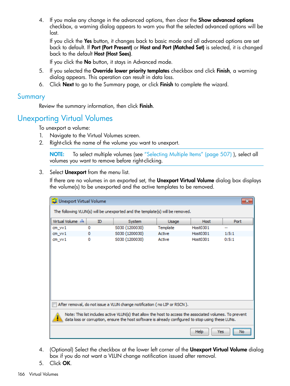 Summary, Unexporting virtual volumes | HP 3PAR Operating System Software User Manual | Page 166 / 526