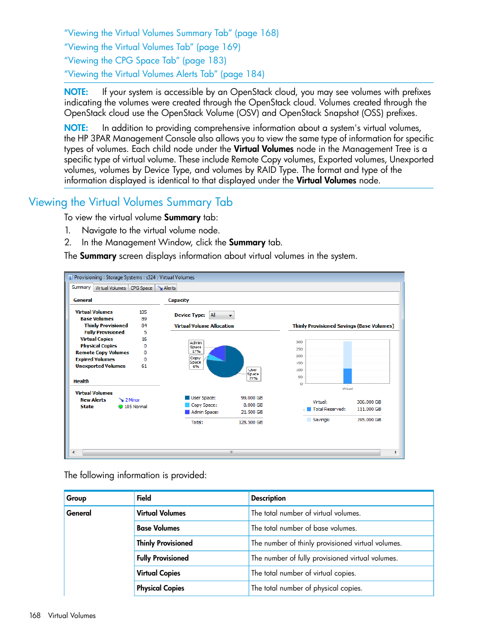 Viewing the virtual volumes summary tab | HP 3PAR Operating System Software User Manual | Page 168 / 526