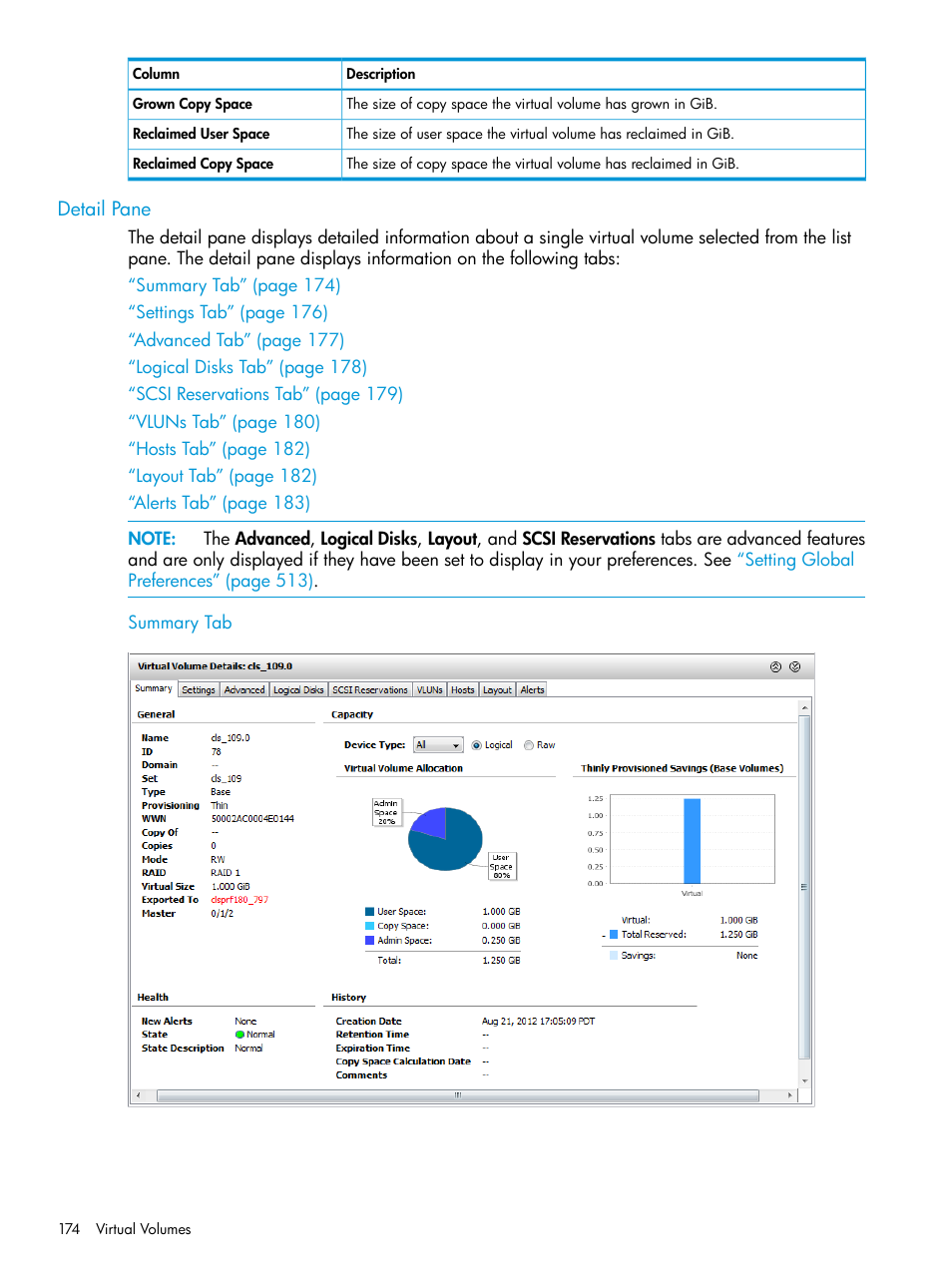 Detail pane, Summary tab | HP 3PAR Operating System Software User Manual | Page 174 / 526