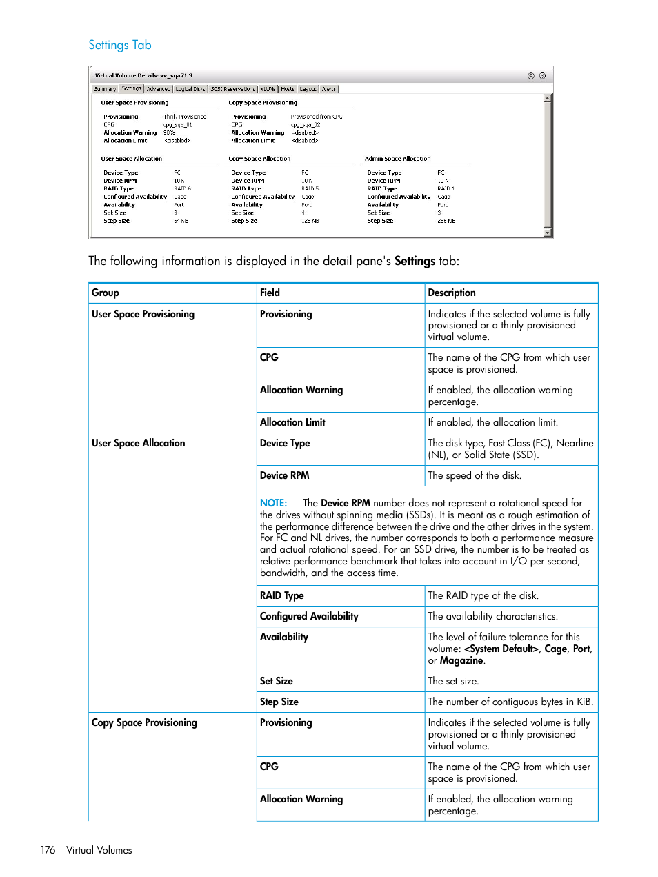 Settings tab | HP 3PAR Operating System Software User Manual | Page 176 / 526