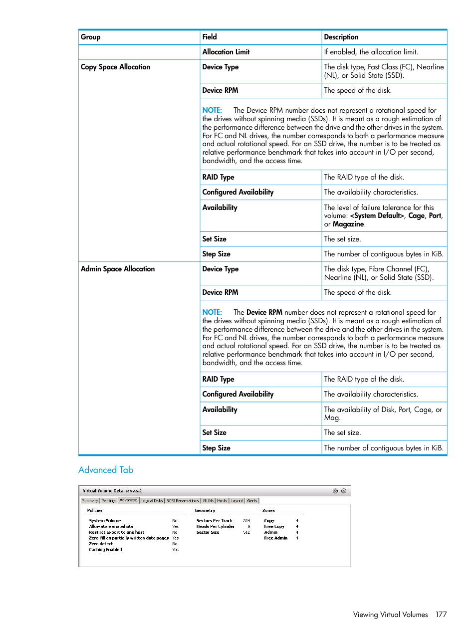 Advanced tab | HP 3PAR Operating System Software User Manual | Page 177 / 526