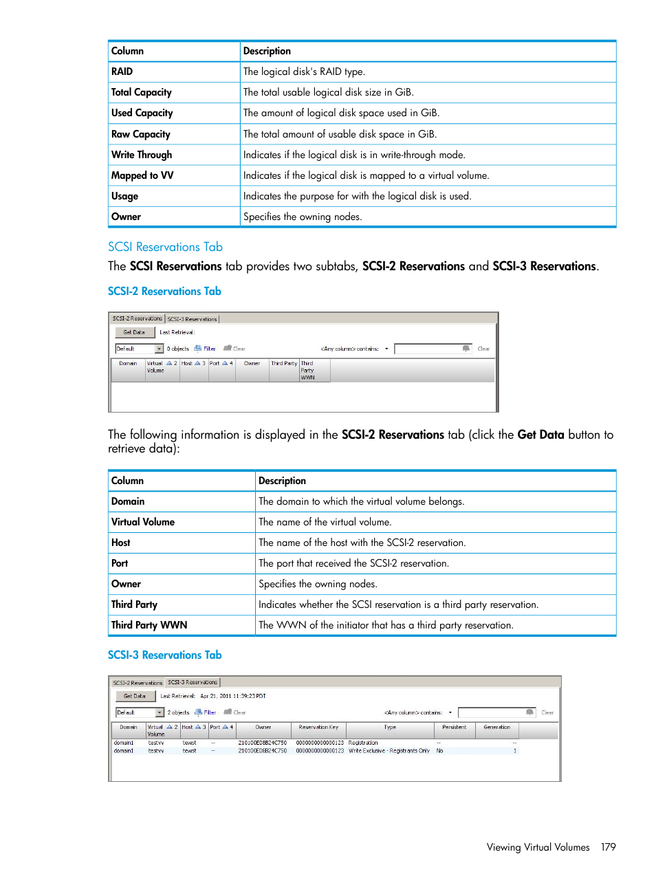 Scsi reservations tab, Scsi-2 reservations tab, Scsi-3 reservations tab | HP 3PAR Operating System Software User Manual | Page 179 / 526