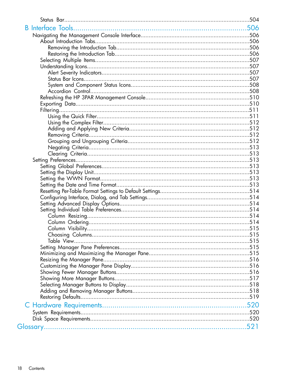 B interface tools, C hardware requirements, Glossary | HP 3PAR Operating System Software User Manual | Page 18 / 526