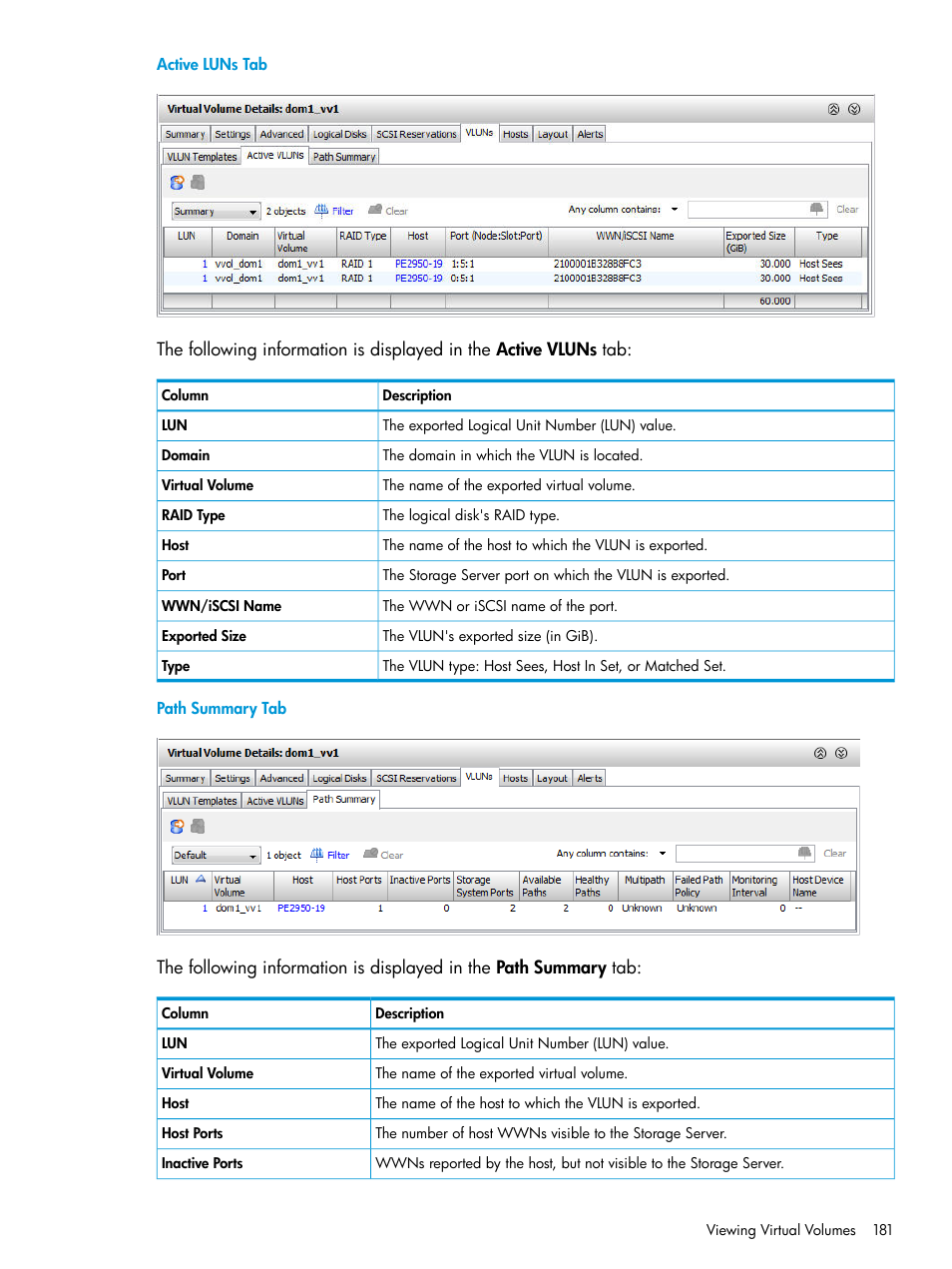 Active luns tab, Path summary tab | HP 3PAR Operating System Software User Manual | Page 181 / 526