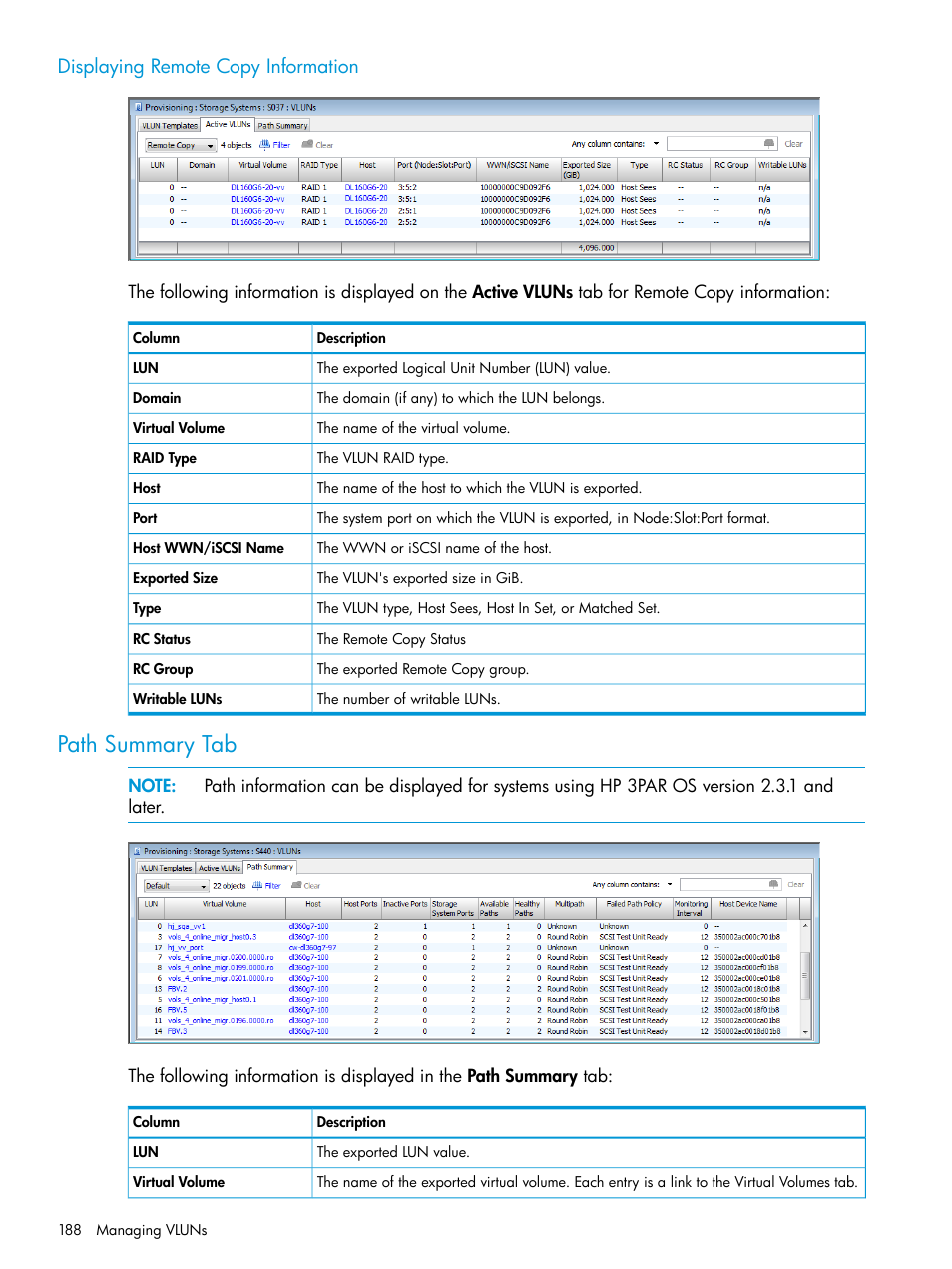 Displaying remote copy information, Path summary tab | HP 3PAR Operating System Software User Manual | Page 188 / 526