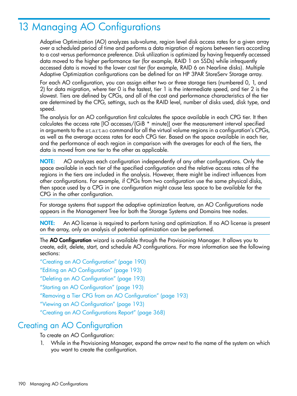 13 managing ao configurations, Creating an ao configuration | HP 3PAR Operating System Software User Manual | Page 190 / 526