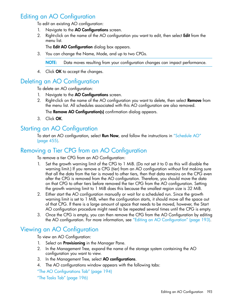 Editing an ao configuration, Deleting an ao configuration, Starting an ao configuration | Removing a tier cpg from an ao configuration, Viewing an ao configuration | HP 3PAR Operating System Software User Manual | Page 193 / 526