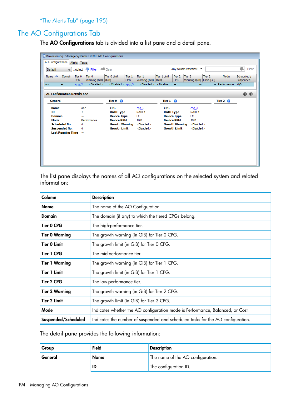 The ao configurations tab | HP 3PAR Operating System Software User Manual | Page 194 / 526