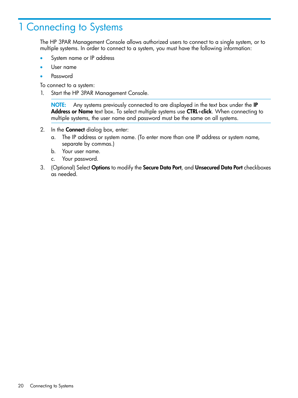 1 connecting to systems | HP 3PAR Operating System Software User Manual | Page 20 / 526