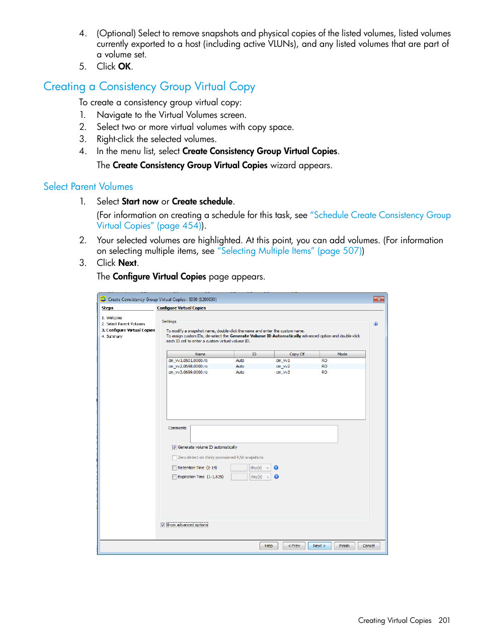 Creating a consistency group virtual copy, Select parent volumes | HP 3PAR Operating System Software User Manual | Page 201 / 526