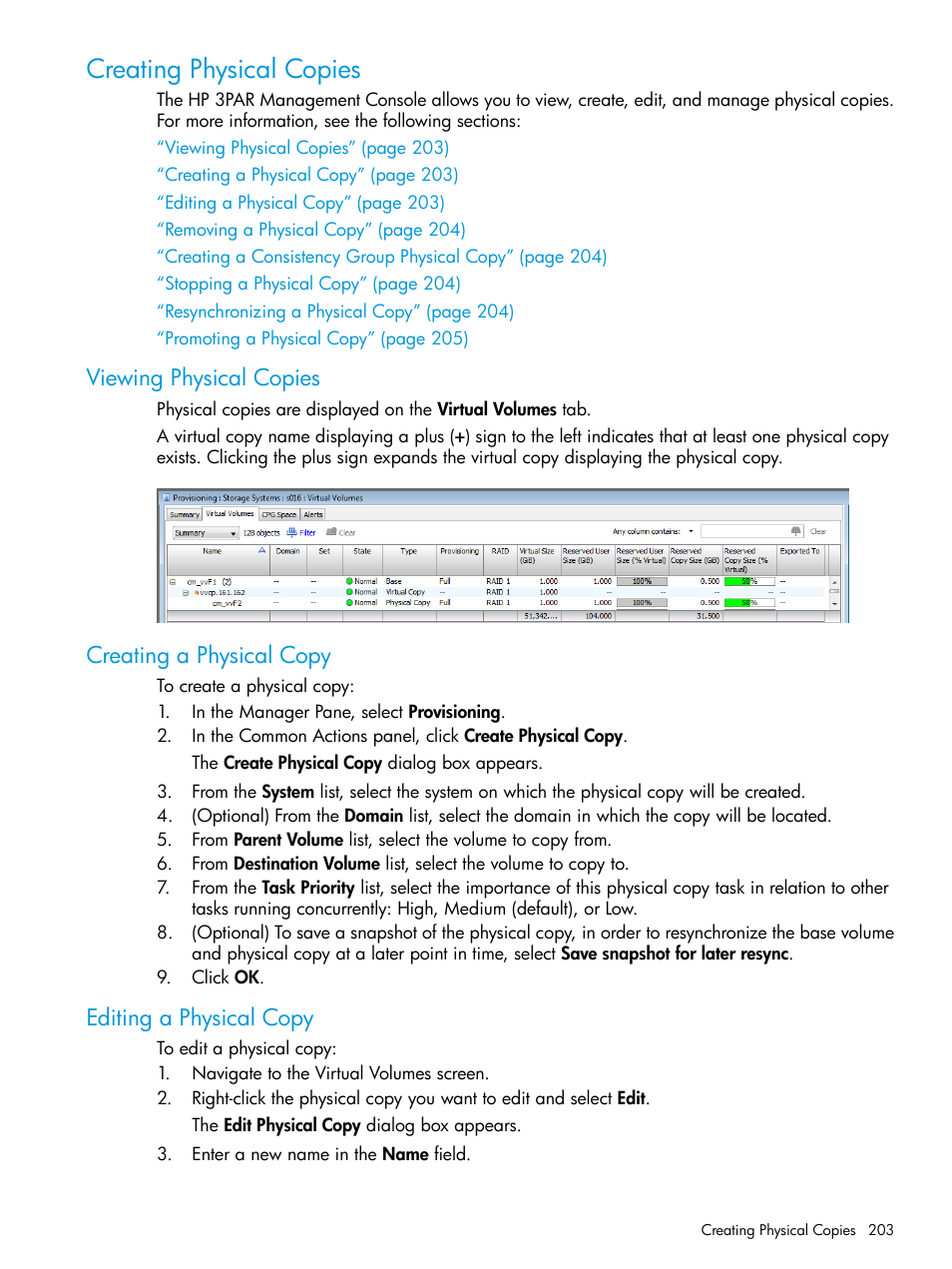 Creating physical copies, Viewing physical copies, Creating a physical copy | Editing a physical copy | HP 3PAR Operating System Software User Manual | Page 203 / 526