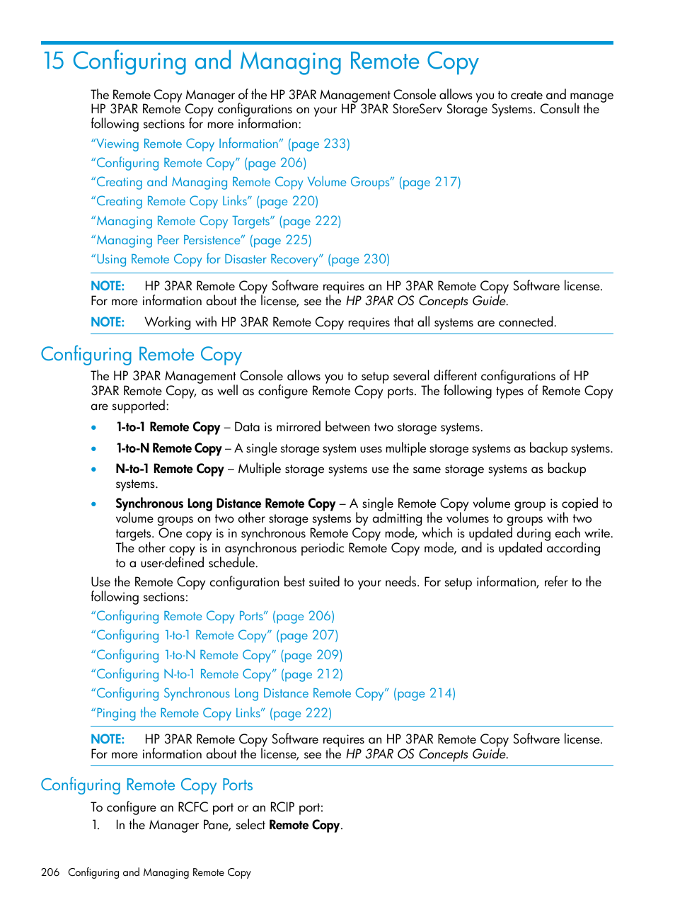 15 configuring and managing remote copy, Configuring remote copy, Configuring remote copy ports | HP 3PAR Operating System Software User Manual | Page 206 / 526