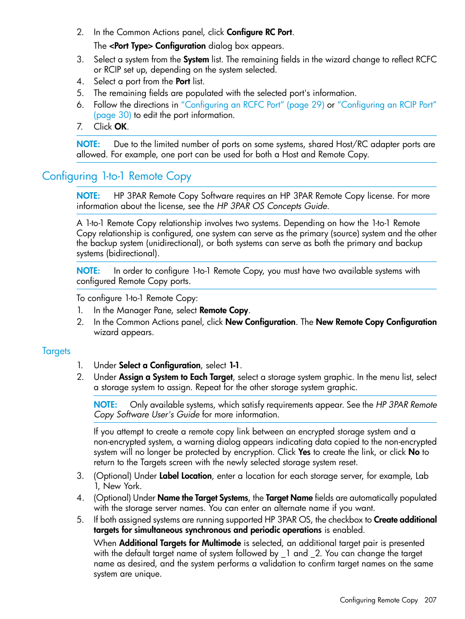 Configuring 1-to-1 remote copy, Targets | HP 3PAR Operating System Software User Manual | Page 207 / 526