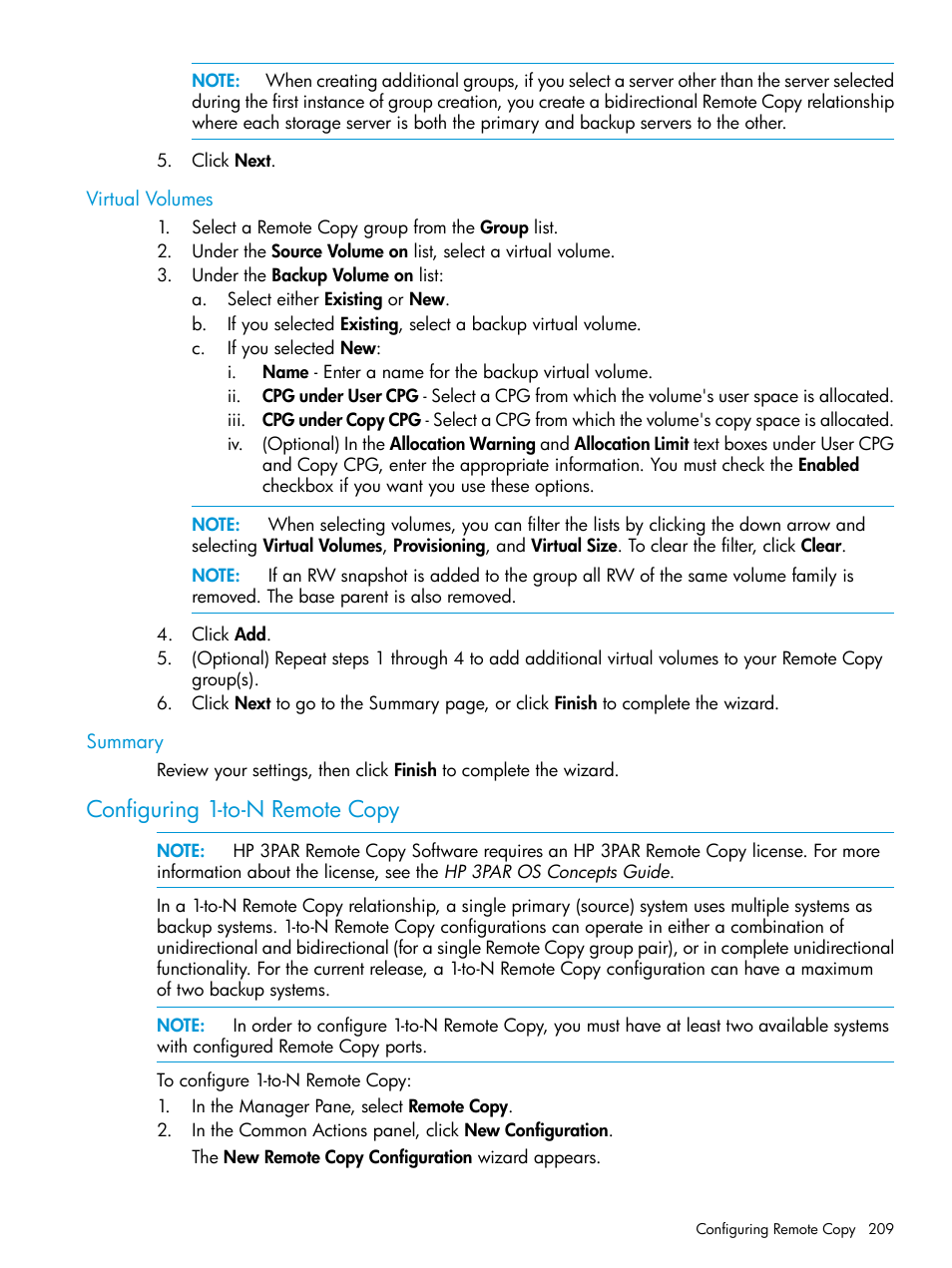 Virtual volumes, Summary, Configuring 1-to-n remote copy | Virtual volumes summary | HP 3PAR Operating System Software User Manual | Page 209 / 526