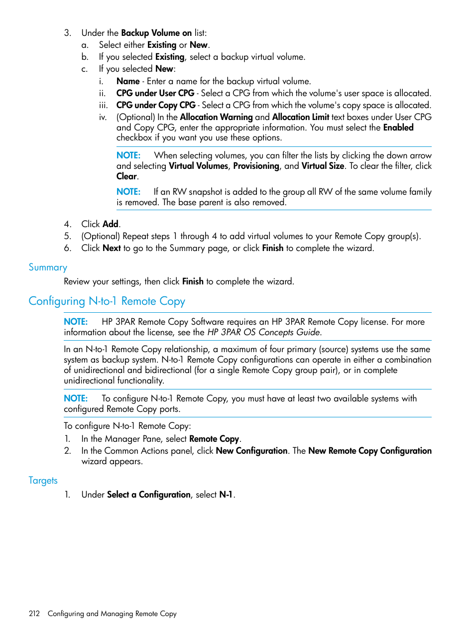 Summary, Configuring n-to-1 remote copy, Targets | HP 3PAR Operating System Software User Manual | Page 212 / 526