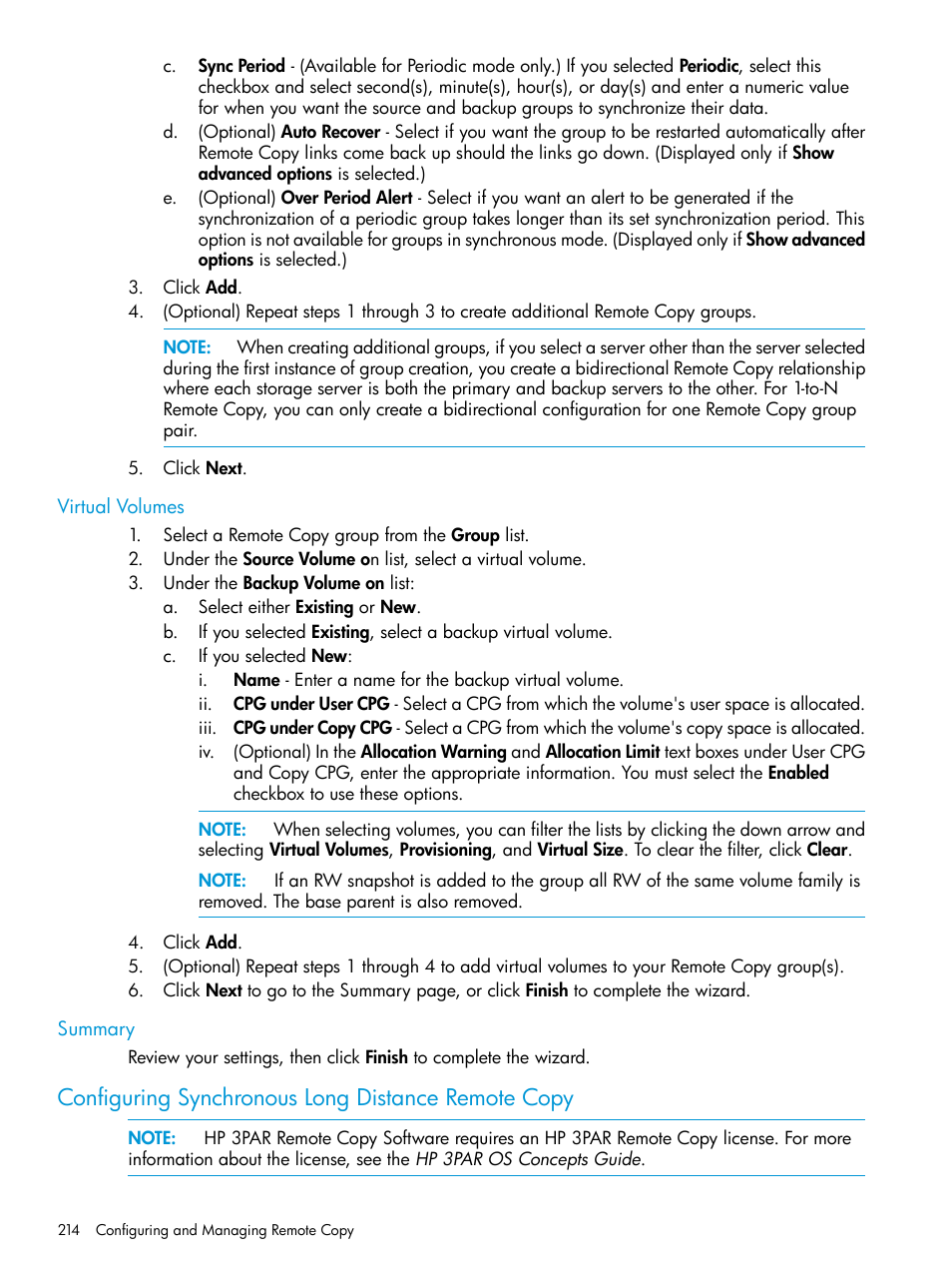 Virtual volumes, Summary, Configuring synchronous long distance remote copy | Virtual volumes summary | HP 3PAR Operating System Software User Manual | Page 214 / 526