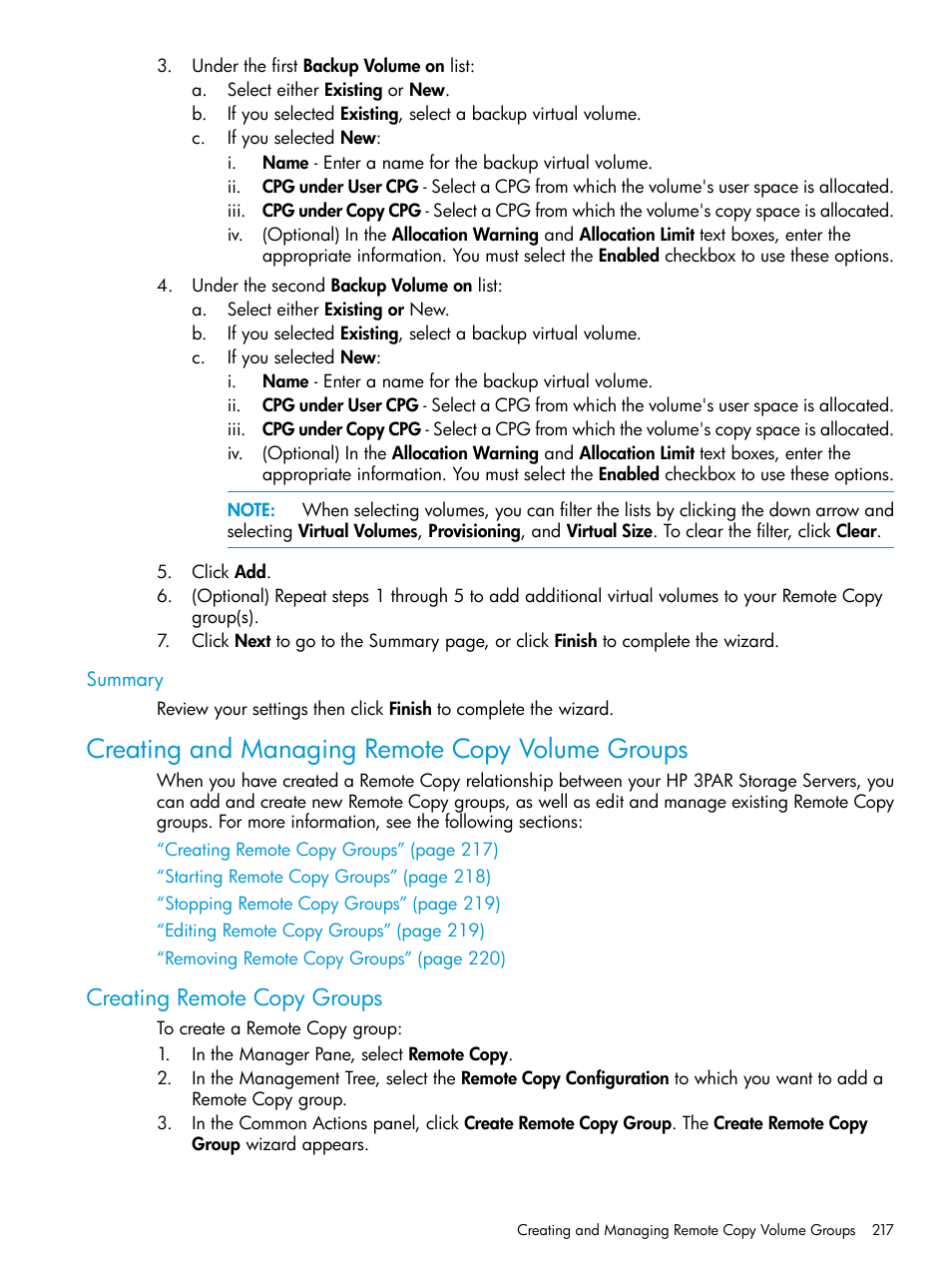 Summary, Creating and managing remote copy volume groups, Creating remote copy groups | HP 3PAR Operating System Software User Manual | Page 217 / 526