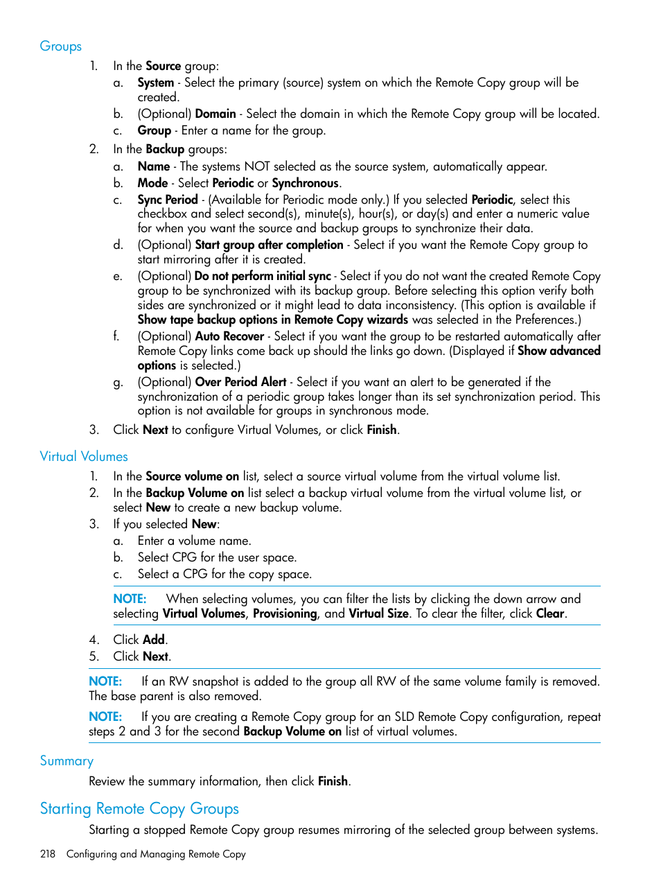 Groups, Virtual volumes, Summary | Starting remote copy groups, Groups virtual volumes summary | HP 3PAR Operating System Software User Manual | Page 218 / 526