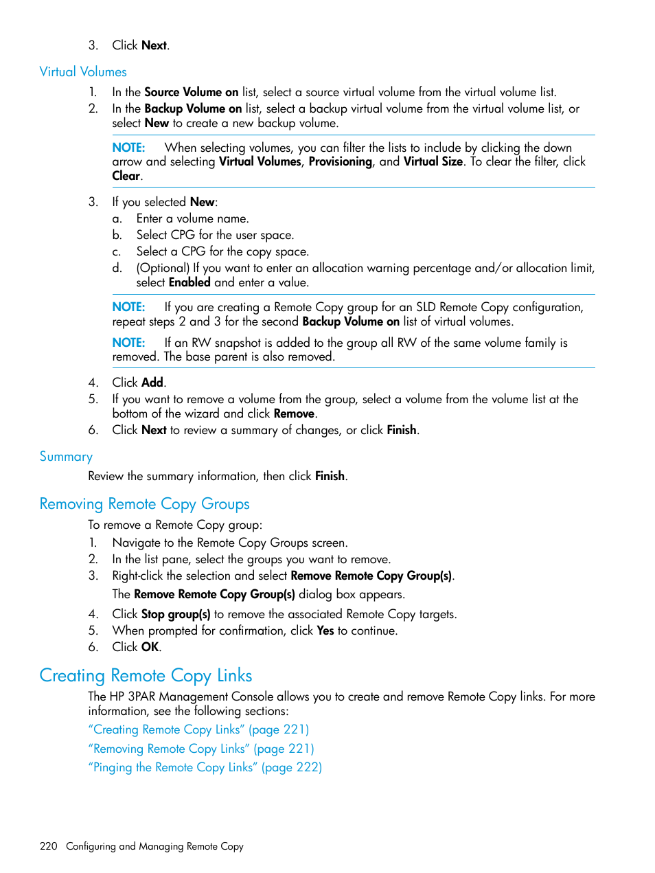 Virtual volumes, Summary, Removing remote copy groups | Creating remote copy links, Virtual volumes summary | HP 3PAR Operating System Software User Manual | Page 220 / 526