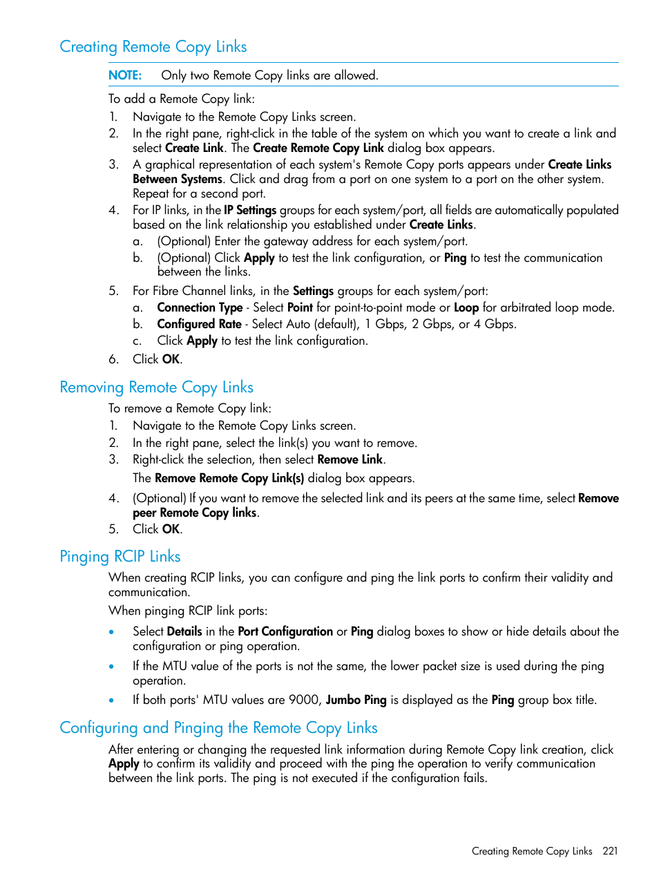 Creating remote copy links, Removing remote copy links, Pinging rcip links | Configuring and pinging the remote copy links | HP 3PAR Operating System Software User Manual | Page 221 / 526