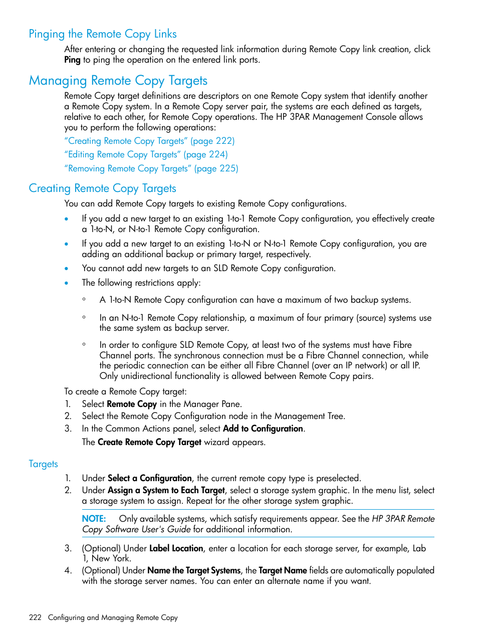 Pinging the remote copy links, Managing remote copy targets, Creating remote copy targets | Targets | HP 3PAR Operating System Software User Manual | Page 222 / 526