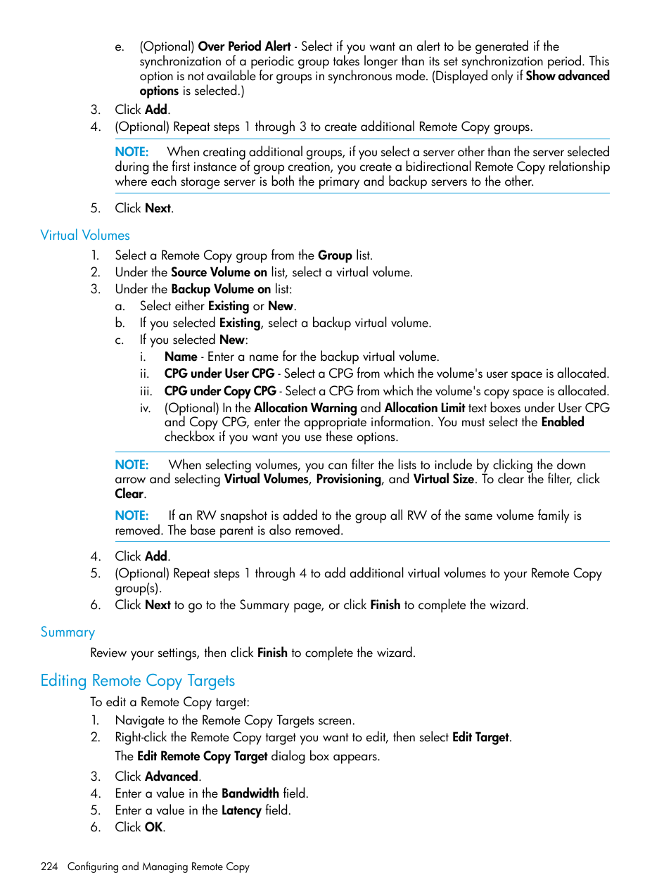 Virtual volumes, Summary, Editing remote copy targets | Virtual volumes summary | HP 3PAR Operating System Software User Manual | Page 224 / 526