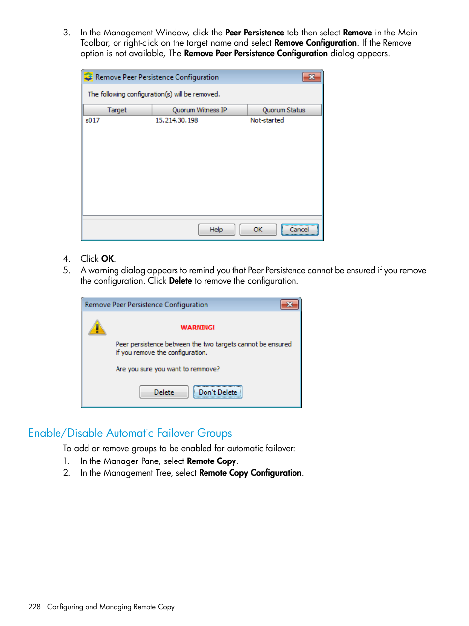 Enable/disable automatic failover groups | HP 3PAR Operating System Software User Manual | Page 228 / 526