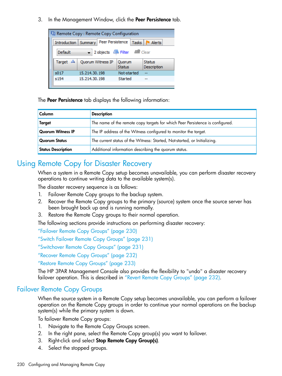 Using remote copy for disaster recovery, Failover remote copy groups | HP 3PAR Operating System Software User Manual | Page 230 / 526