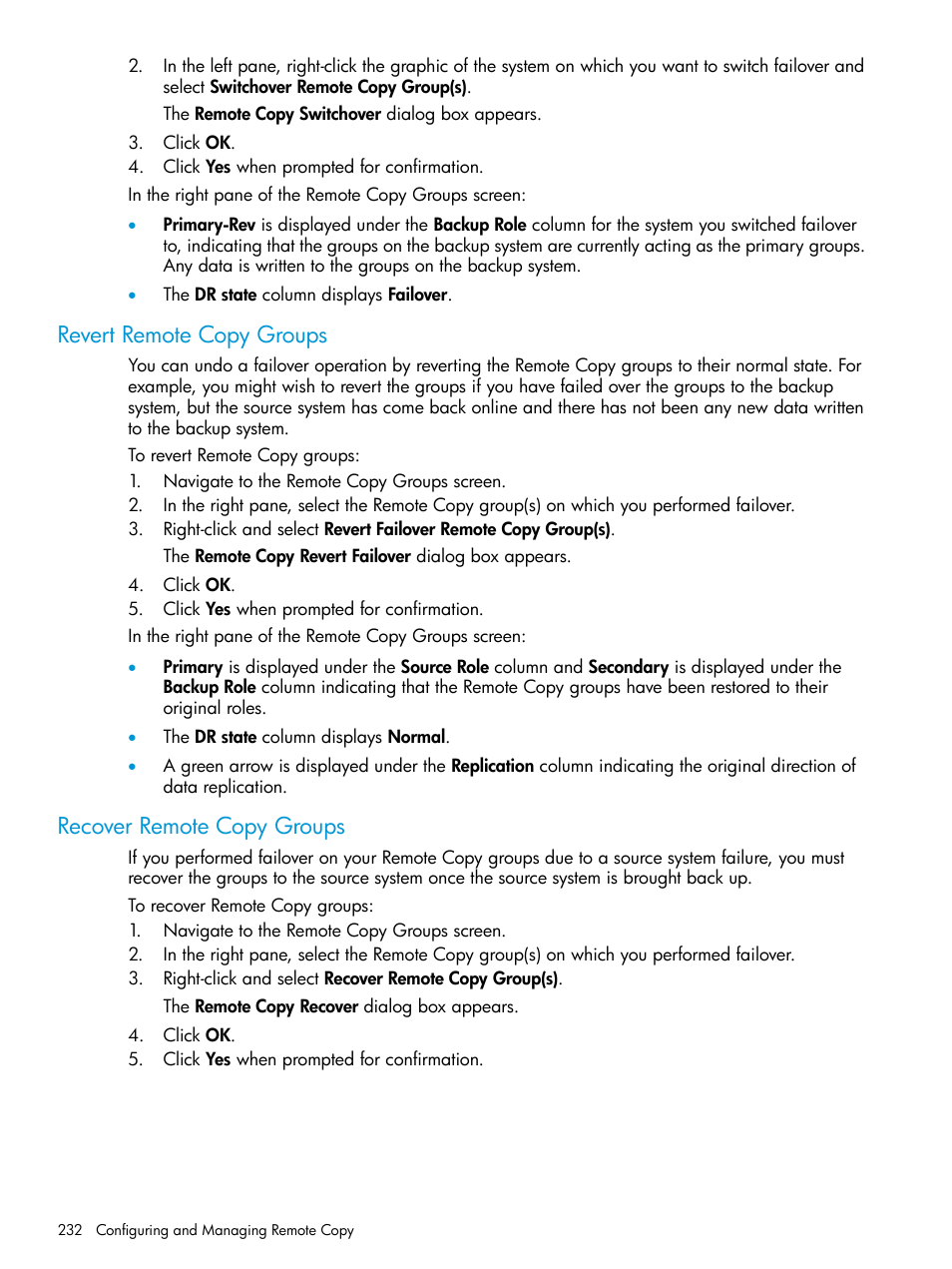 Revert remote copy groups, Recover remote copy groups | HP 3PAR Operating System Software User Manual | Page 232 / 526