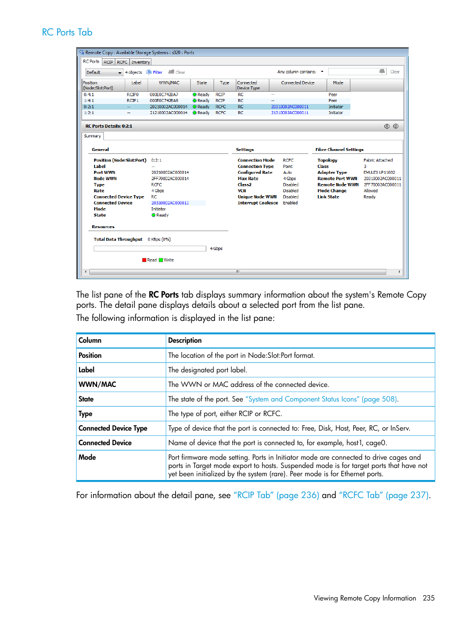 Rc ports tab | HP 3PAR Operating System Software User Manual | Page 235 / 526